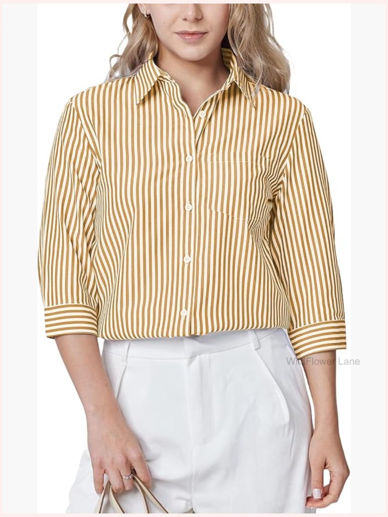 Striped 3/4 Sleeve Button Down Blouse With Pocket - Women's Business Casual